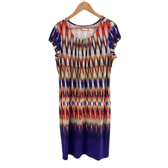 Chico's Size 2 = Large/12 Ikat Print Purple Ilana Shift Dress Soft Knit Stretch - Picture 2 of 6